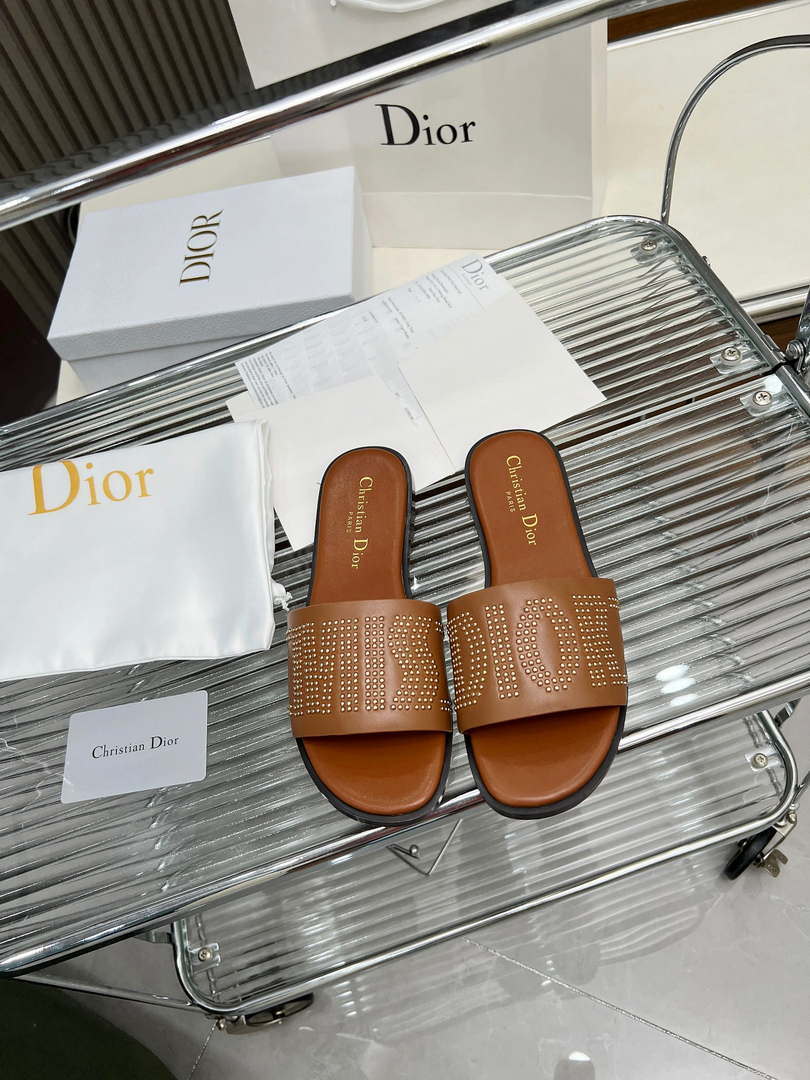 Dior KCO138CTU Dway Slide Brown Calfskin and Gold-Finish Studs Shoes D82982