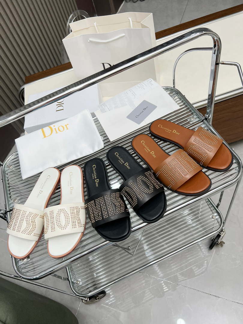 Dior KCO138CTU Dway Slide Black Calfskin and Gold-Finish Studs Shoes D82981
