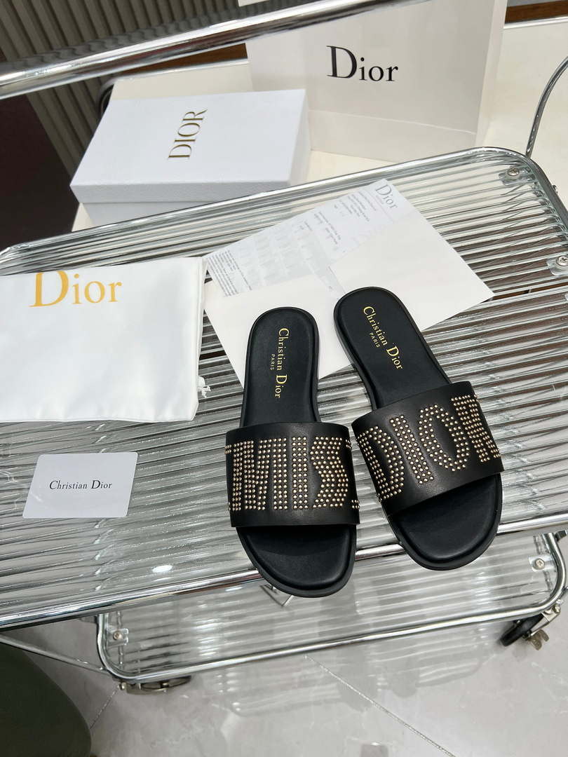 Dior KCO138CTU Dway Slide Black Calfskin and Gold-Finish Studs Shoes D82981