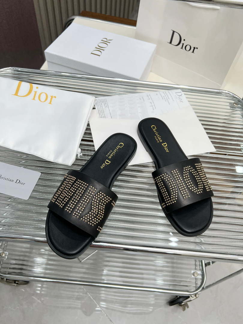 Dior KCO138CTU Dway Slide Black Calfskin and Gold-Finish Studs Shoes D82981
