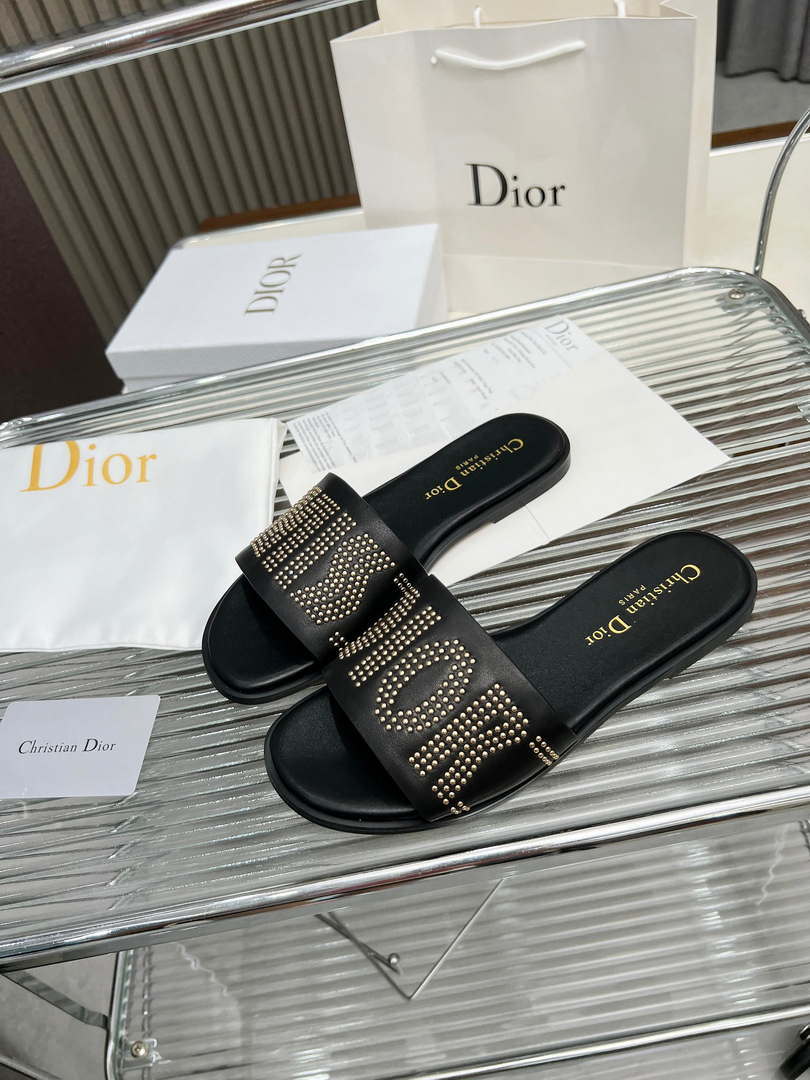 Dior KCO138CTU Dway Slide Black Calfskin and Gold-Finish Studs Shoes D82981