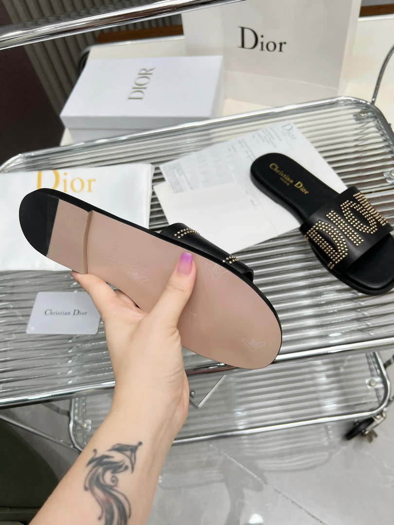 Dior KCO138CTU Dway Slide Black Calfskin and Gold-Finish Studs Shoes D82981