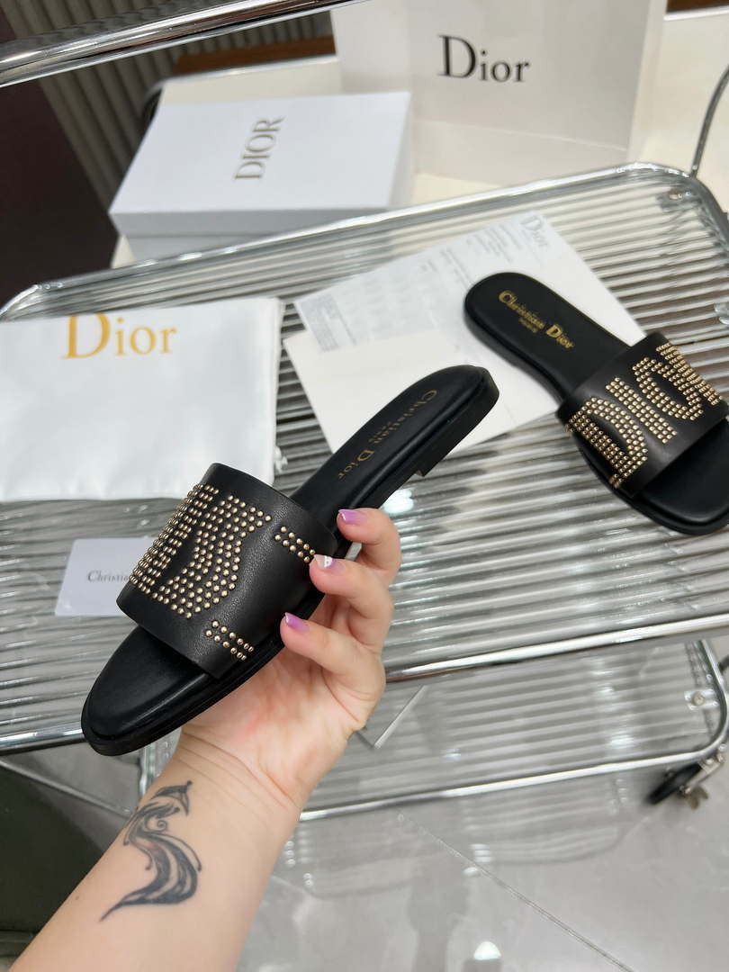 Dior KCO138CTU Dway Slide Black Calfskin and Gold-Finish Studs Shoes D82981