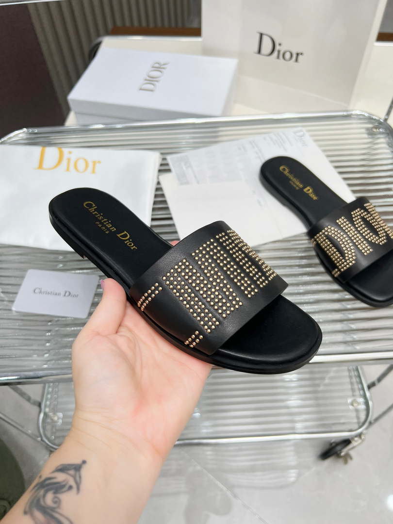 Dior KCO138CTU Dway Slide Black Calfskin and Gold-Finish Studs Shoes D82981