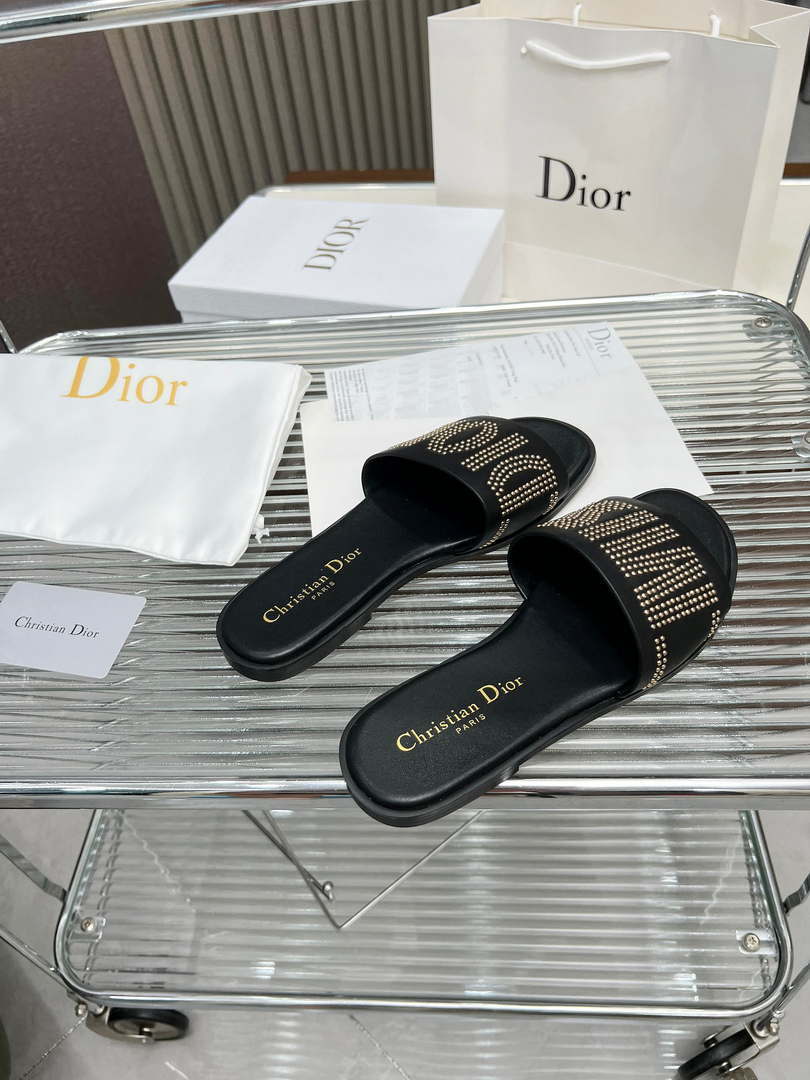 Dior KCO138CTU Dway Slide Black Calfskin and Gold-Finish Studs Shoes D82981