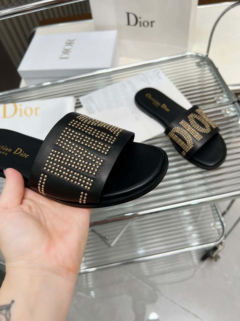 Dior KCO138CTU Dway Slide Black Calfskin and Gold-Finish Studs Shoes D82981