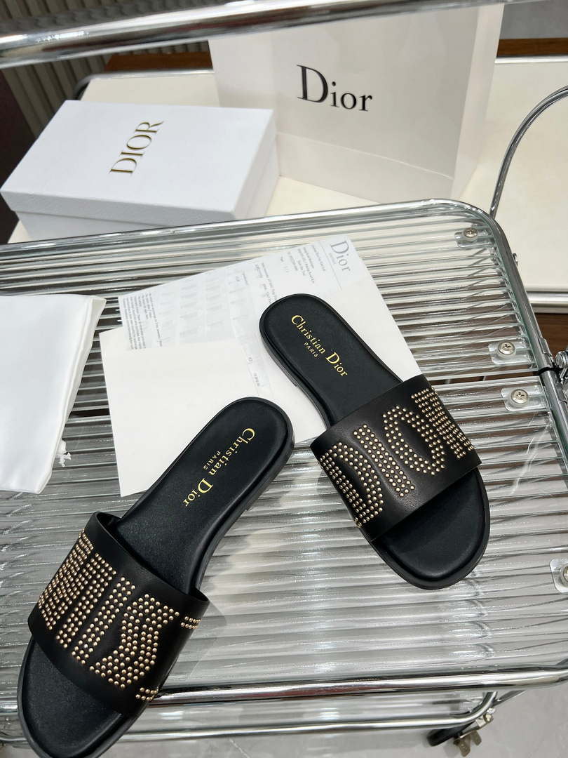 Dior KCO138CTU Dway Slide Black Calfskin and Gold-Finish Studs Shoes D82981