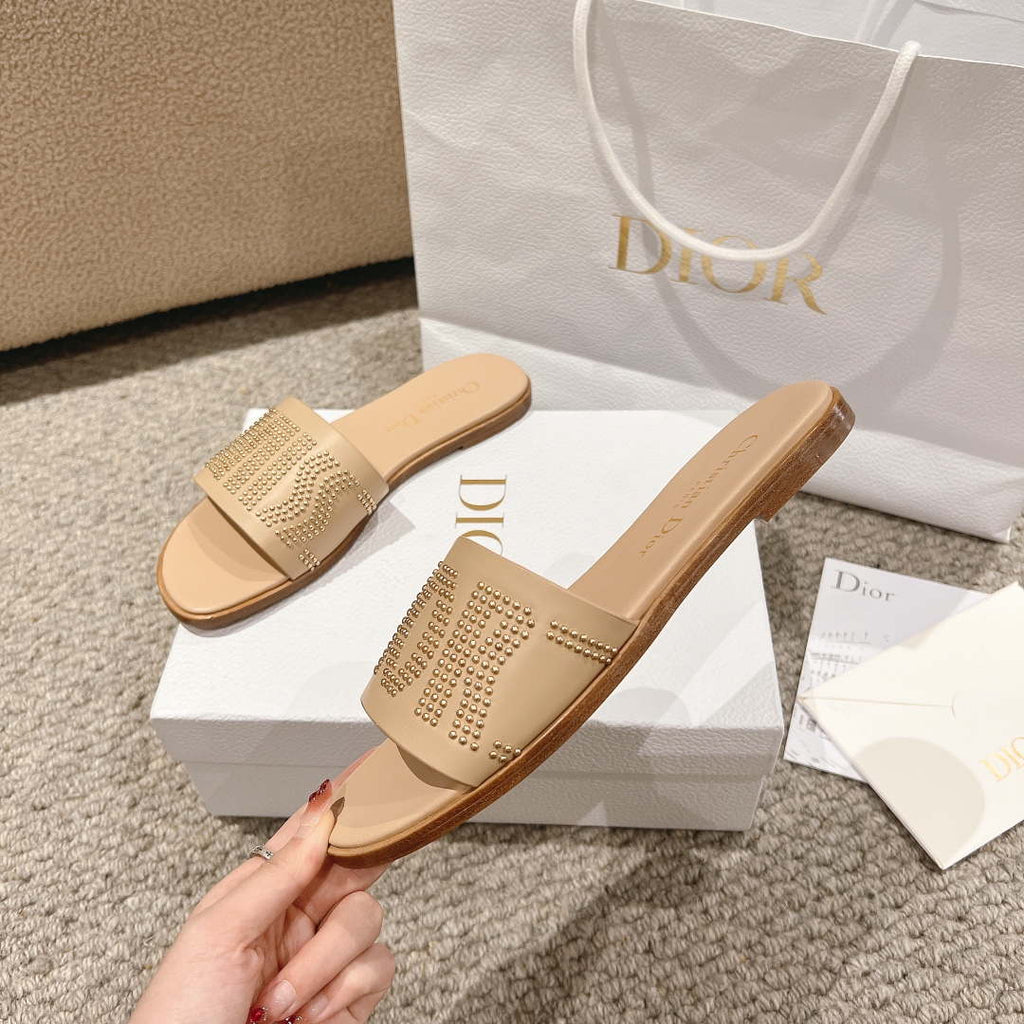 Dior KCO138CTU Dway Slide Apricot Calfskin and Gold-Finish Studs Shoes D82983