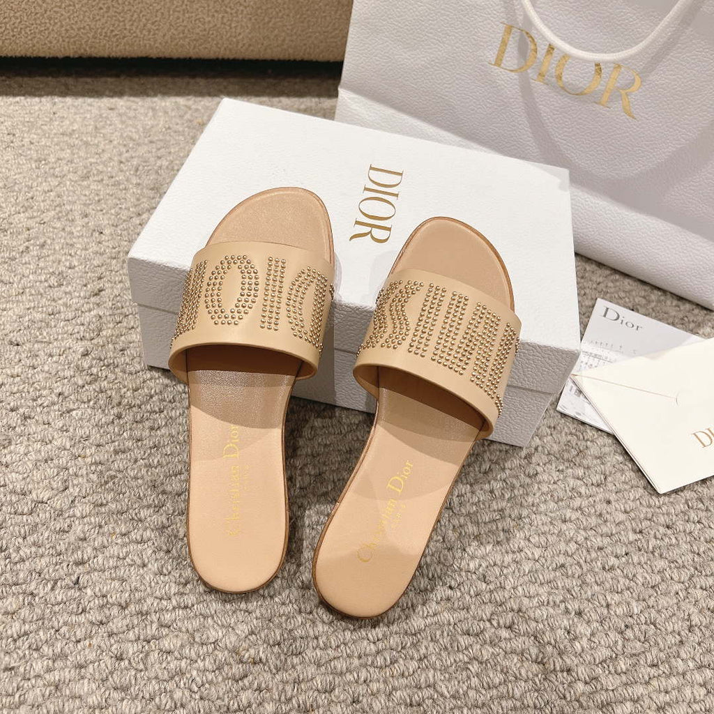 Dior KCO138CTU Dway Slide Apricot Calfskin and Gold-Finish Studs Shoes D82983