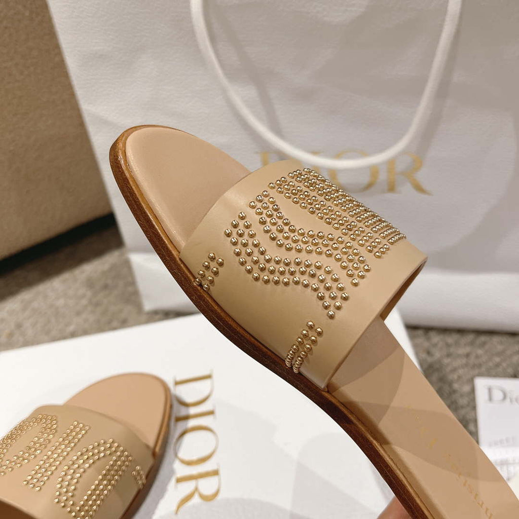 Dior KCO138CTU Dway Slide Apricot Calfskin and Gold-Finish Studs Shoes D82983