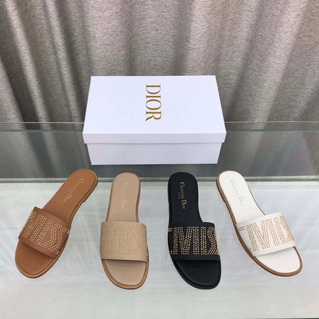 Dior KCO138CTU Dway Slide Brown Calfskin and Gold-Finish Studs Shoes D82982