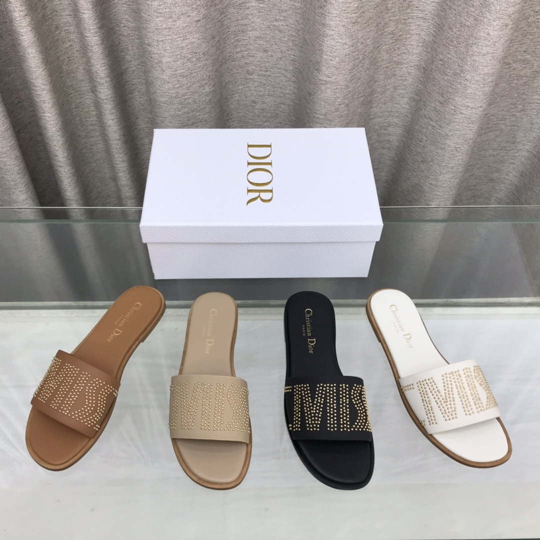 Dior KCO138CTU Dway Slide Brown Calfskin and Gold-Finish Studs Shoes D82982