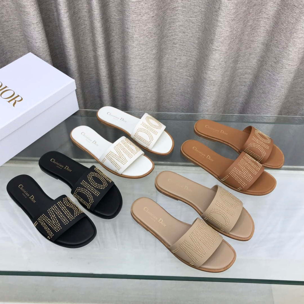 Dior KCO138CTU Dway Slide Black Calfskin and Gold-Finish Studs Shoes D82981