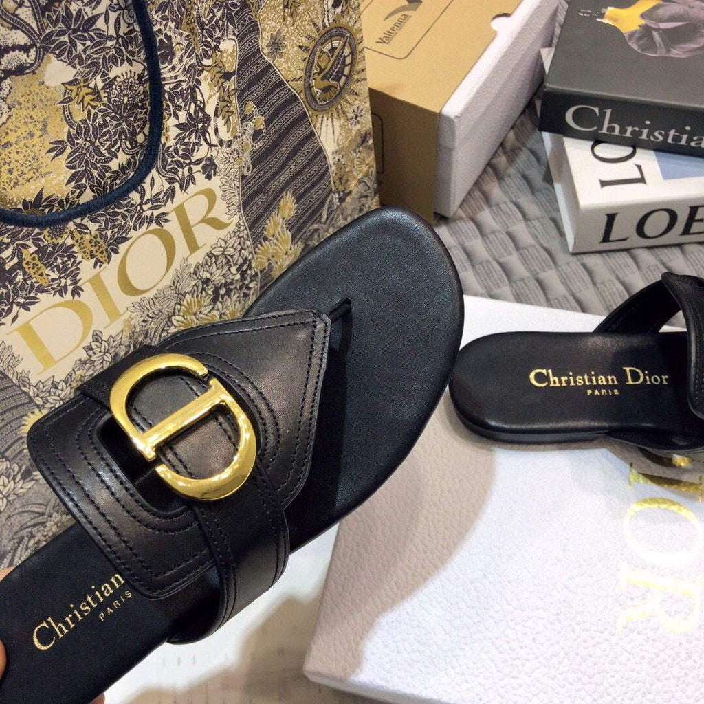Dior KCQ386 Diro 30 Montaigne Flat Thong Sandals Black Calfskin - luxibagsmall