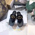 Dior KCQ386 Diro 30 Montaigne Flat Thong Sandals Calfskin Black Gold - luxibagsmall