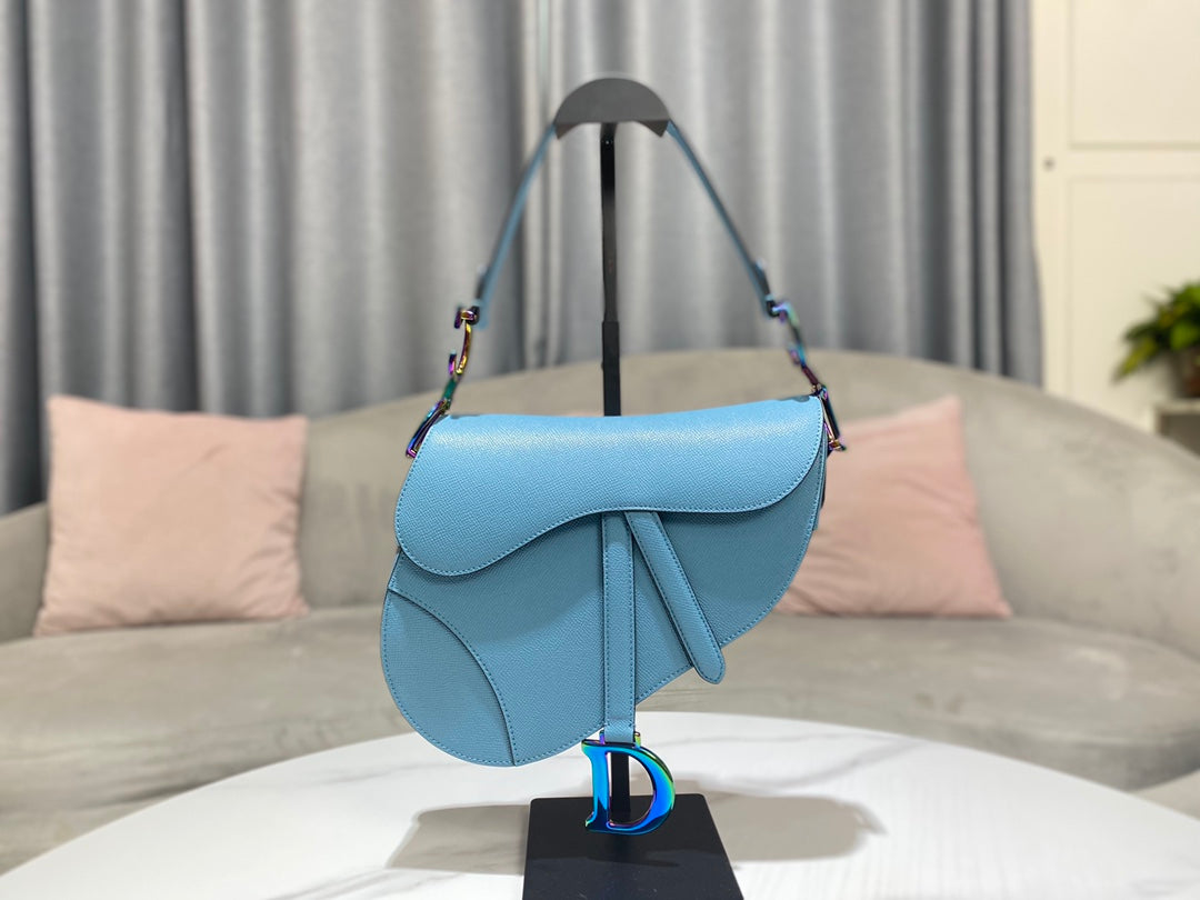 Dior M0446 Dior Saddle Bag Light Blue Grained Calfskin Blue logo - Default Title - View 1