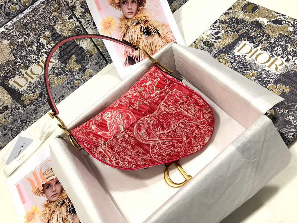 Dior M0446 Dior Saddle Bag Red Toile de Jouy Reverse Jacquard - shop2bag