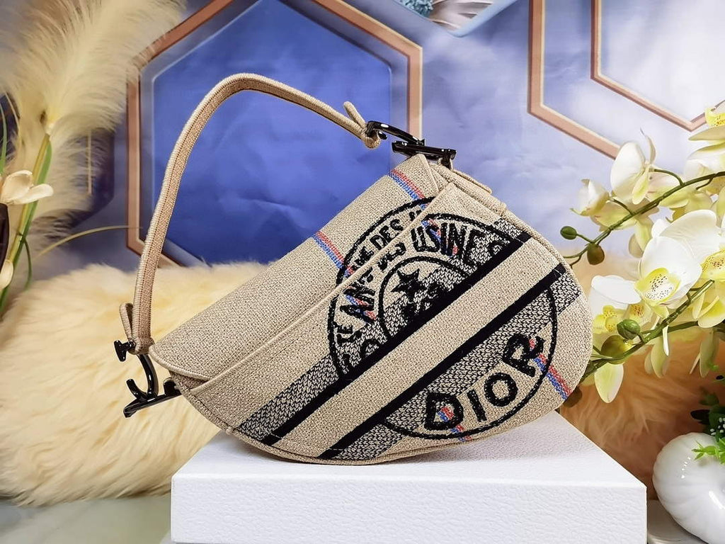Dior Saddle Bag Beige Jute Canvas Embroidered M0446
