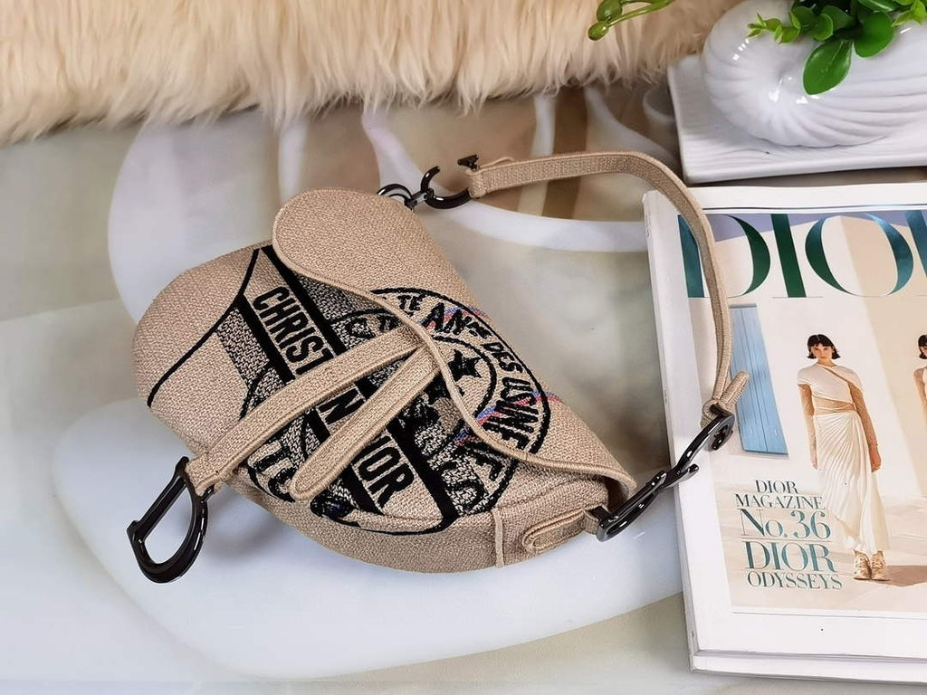Dior Saddle Bag Beige Jute Canvas Embroidered M0446
