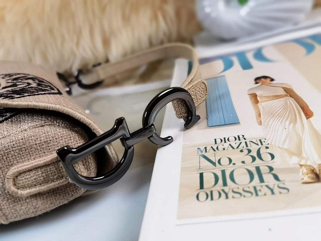 Dior Saddle Bag Beige Jute Canvas Embroidered M0446