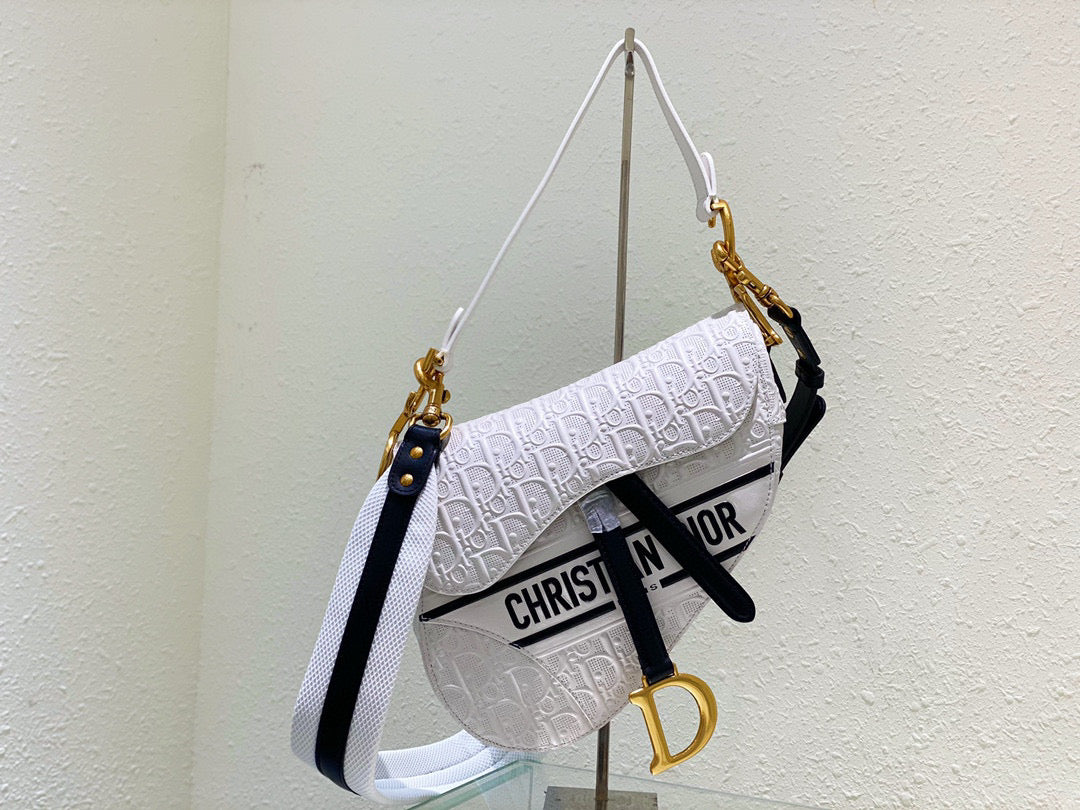 Dior Saddle Bag White and Blue Dior Oblique Perforated Calfskin M0446