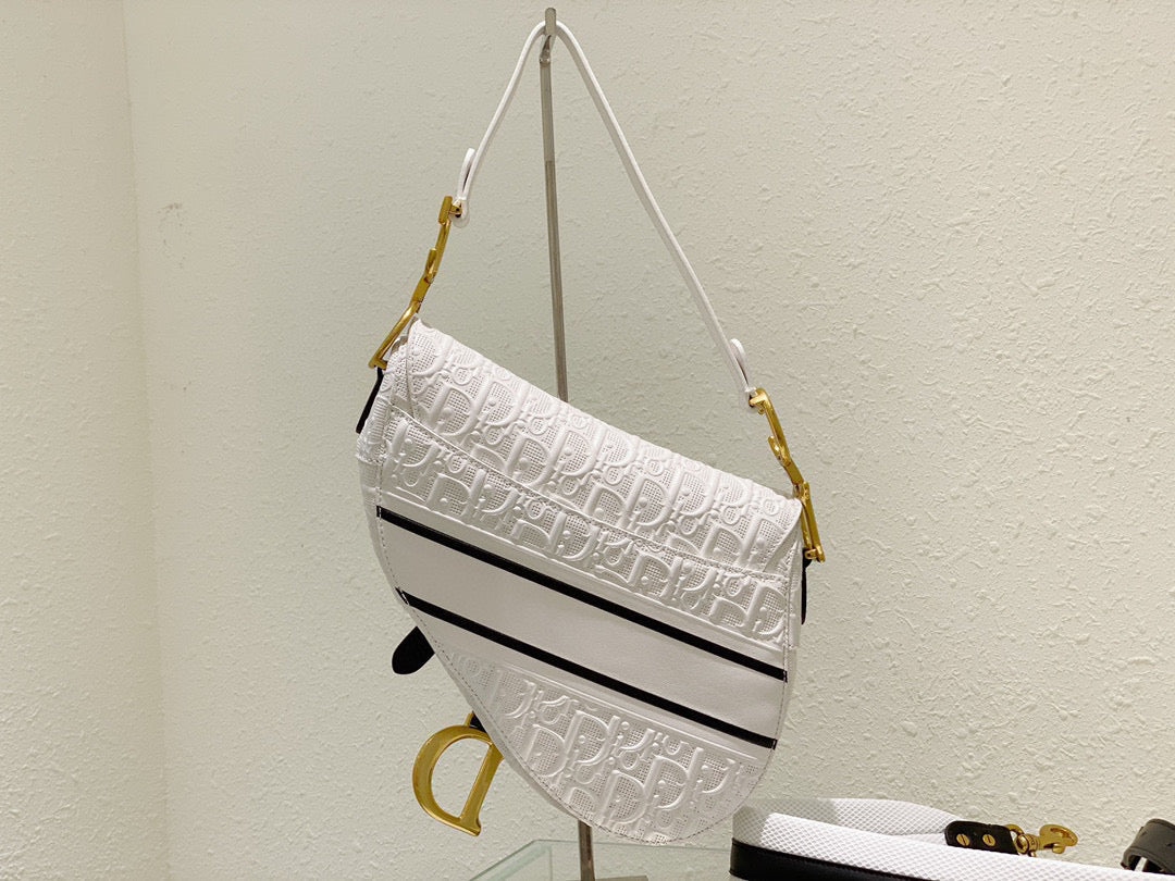 Dior Saddle Bag White and Blue Dior Oblique Perforated Calfskin M0446