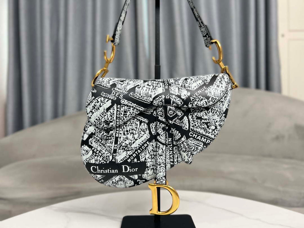 Dior M0455 Saddle Bag With Strap Black and White Ultramatte Calfskin