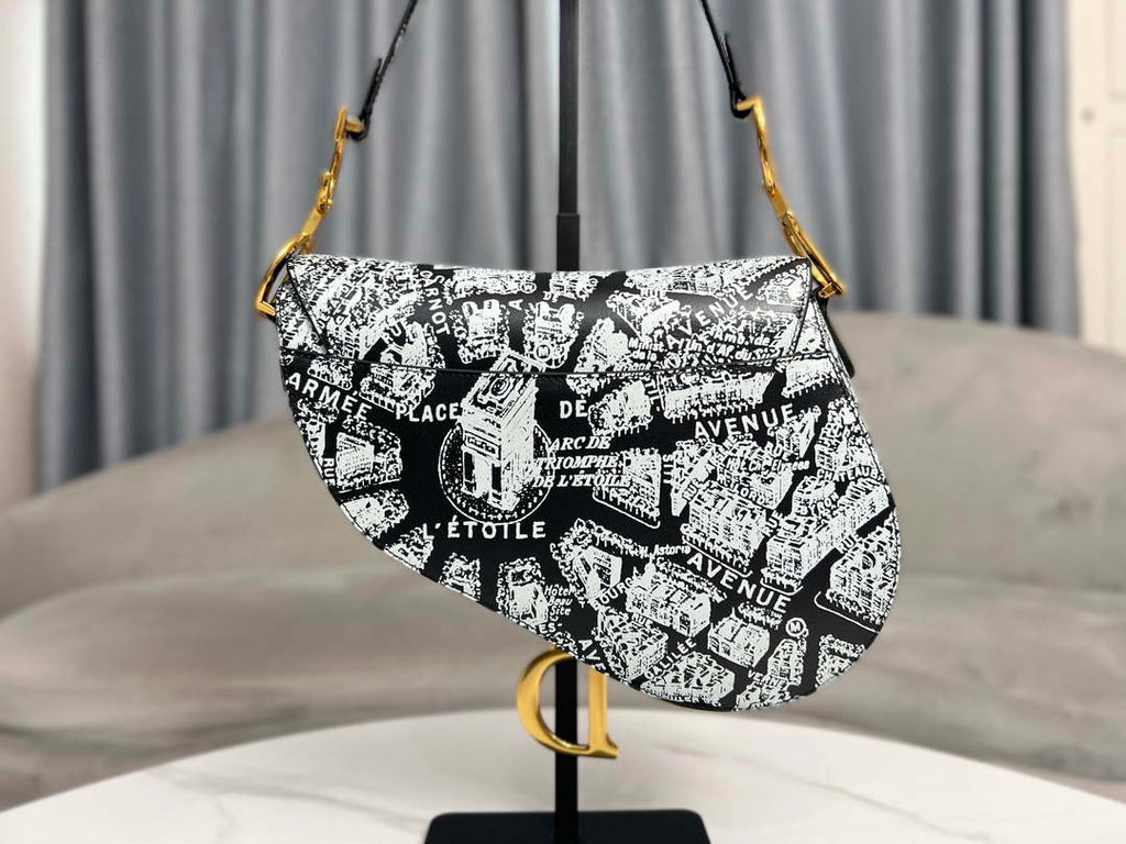 Dior M0455 Saddle Bag With Strap Black and White Ultramatte Calfskin