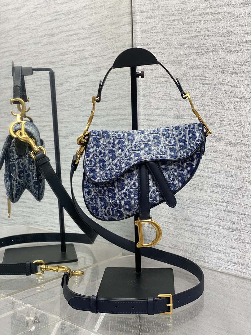 Dior M0455 Saddle Bag With Strap Blue Denim Dior Oblique Jacquard M0456