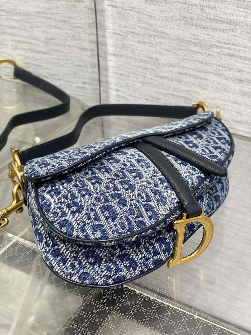 Dior M0455 Saddle Bag With Strap Blue Denim Dior Oblique Jacquard M0456