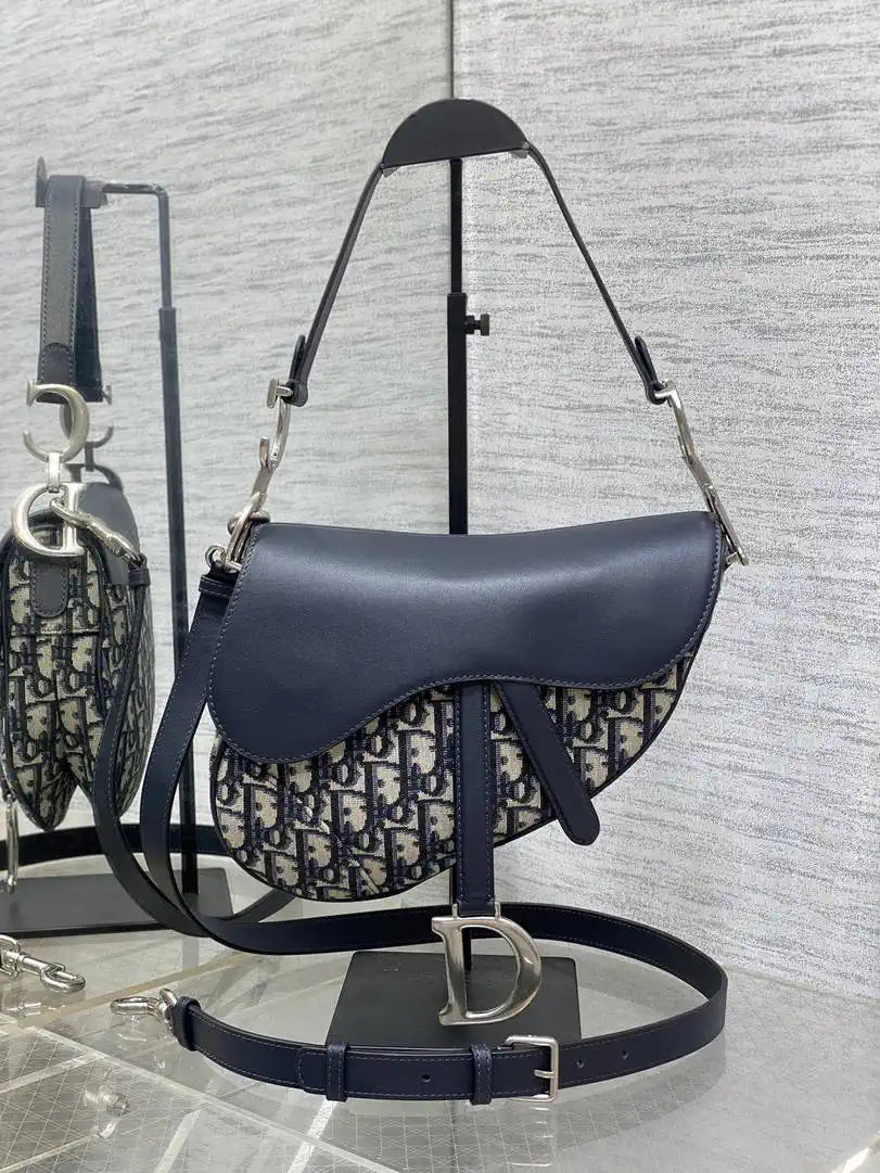 Dior M0455 Saddle Bag With Strap Blue Denim Dior Oblique Jacquard Silver M0456