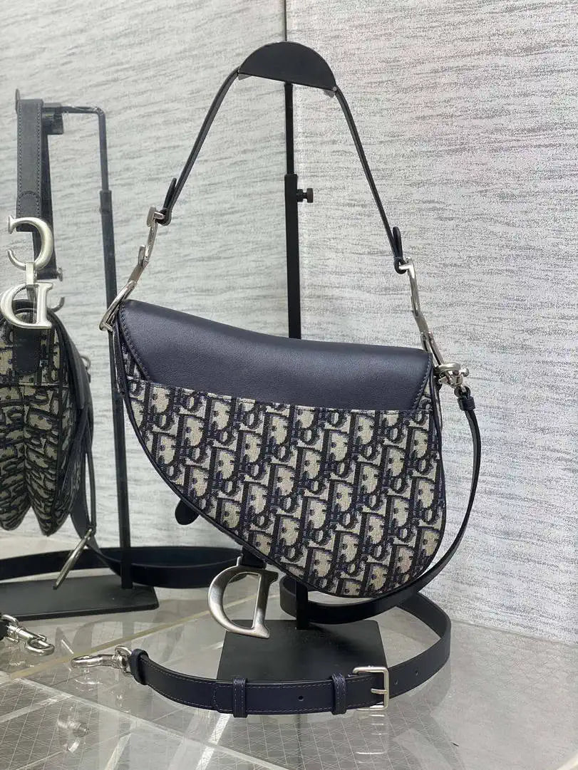 Dior M0455 Saddle Bag With Strap Blue Denim Dior Oblique Jacquard Silver M0456