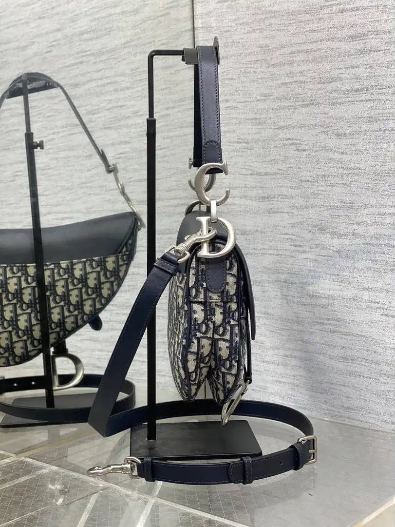 Dior M0455 Saddle Bag With Strap Blue Denim Dior Oblique Jacquard Silver M0456