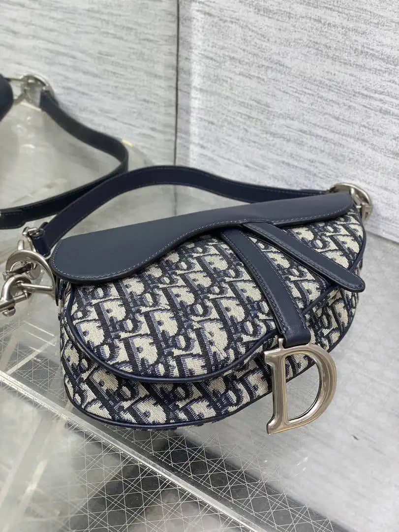 Dior M0455 Saddle Bag With Strap Blue Denim Dior Oblique Jacquard Silver M0456