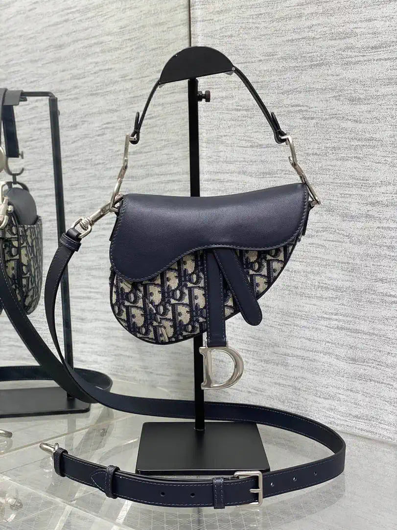 Dior M0455 Saddle Bag With Strap Blue Denim Dior Oblique Jacquard Silver M0456