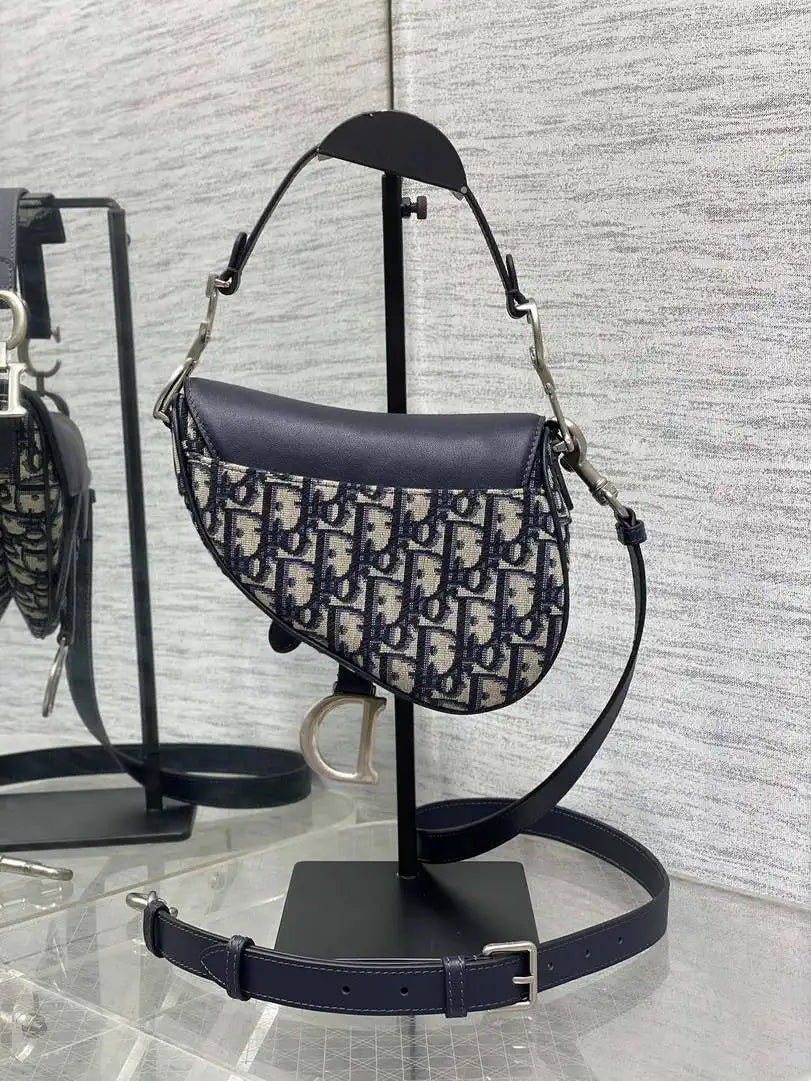 Dior M0455 Saddle Bag With Strap Blue Denim Dior Oblique Jacquard Silver M0456