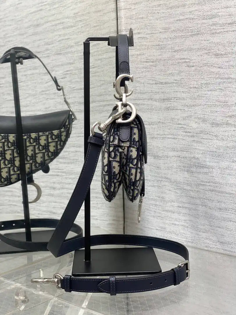 Dior M0455 Saddle Bag With Strap Blue Denim Dior Oblique Jacquard Silver M0456