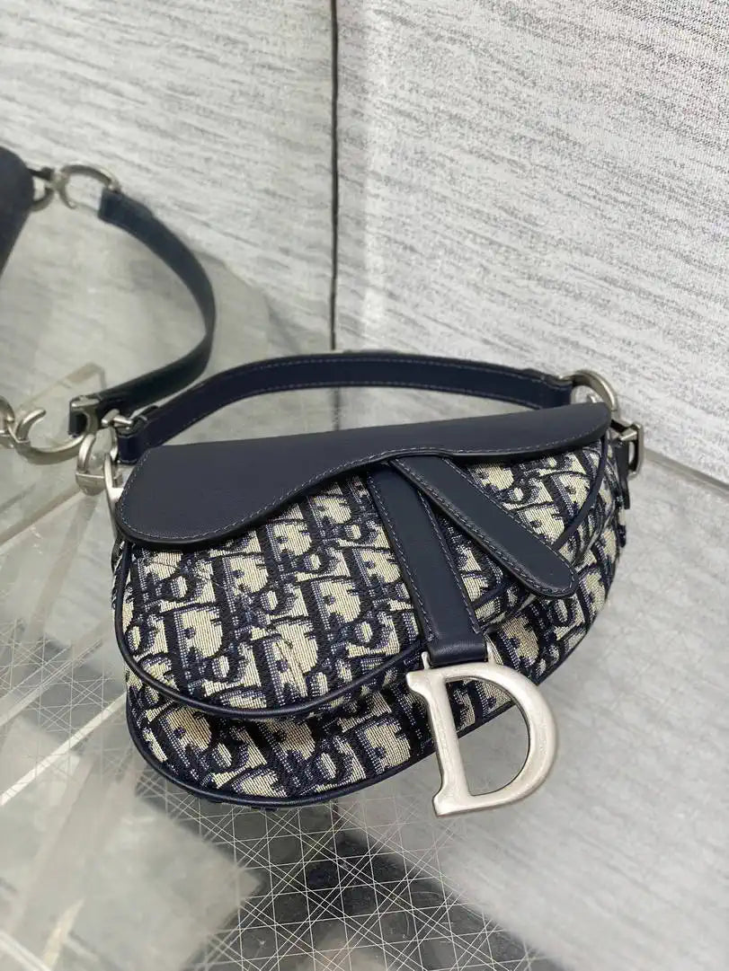 Dior M0455 Saddle Bag With Strap Blue Denim Dior Oblique Jacquard Silver M0456