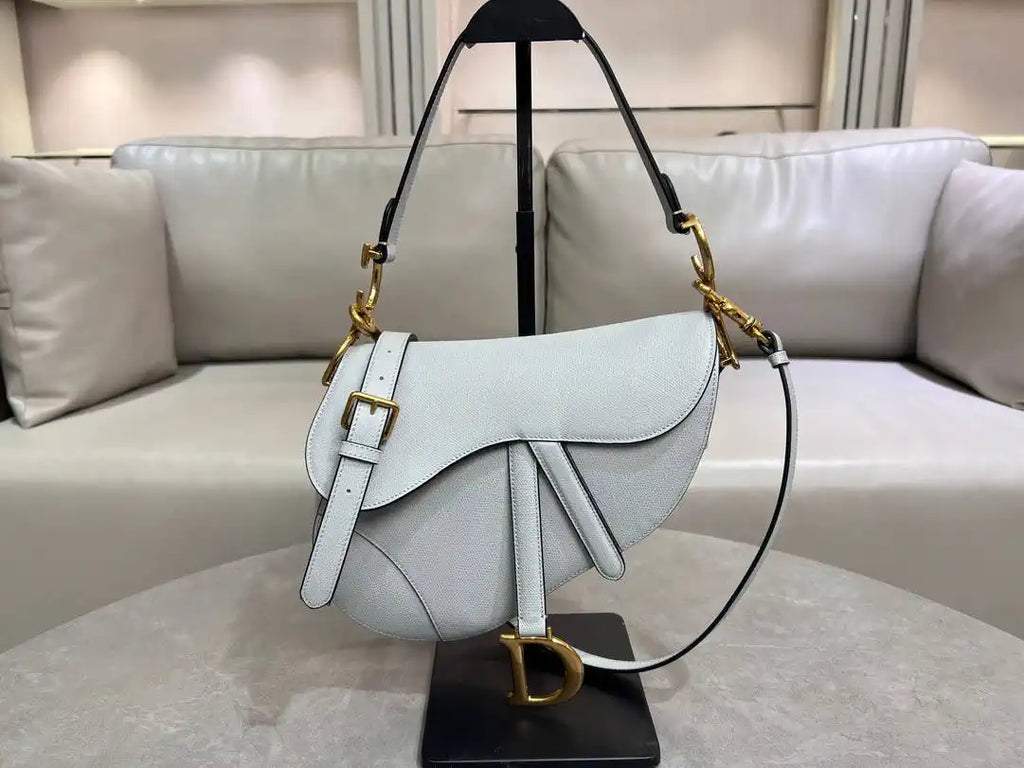 Dior M0455 Saddle Bag With Strap Grained Calfskin Blue Gray M0456