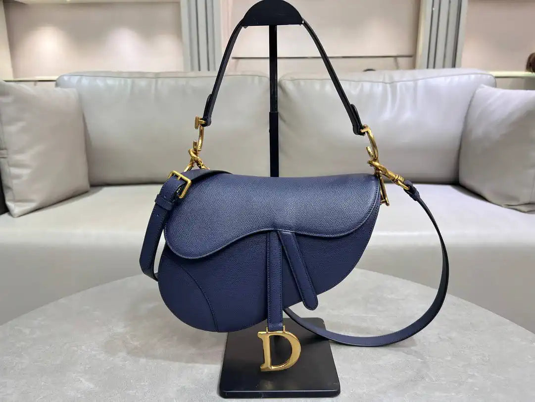 Dior M0455 Saddle Bag With Strap Grained Calfskin Navy Blue M0456