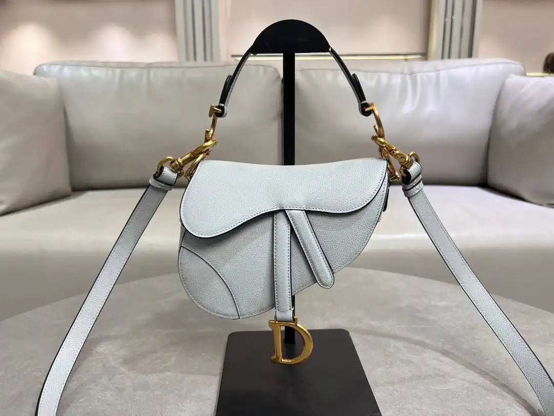 Dior M0455 Saddle Bag With Strap Grained Calfskin Blue Gray M0456