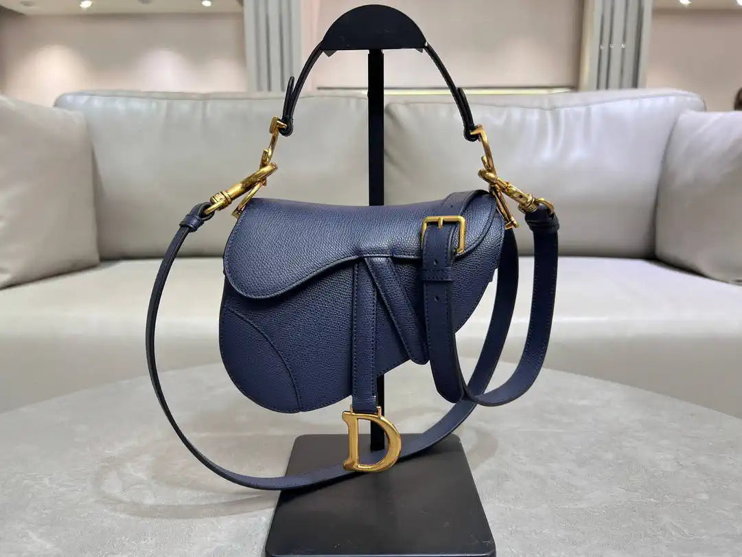 Dior M0455 Saddle Bag With Strap Grained Calfskin Navy Blue M0456