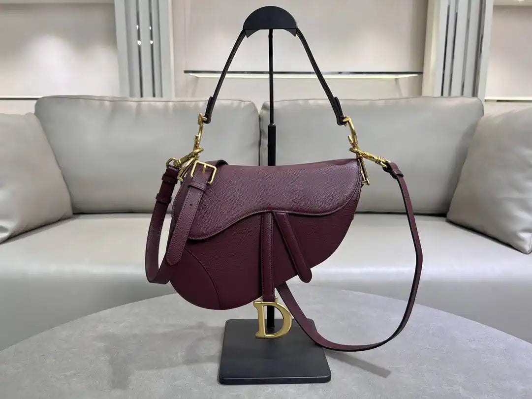 Dior M0455 Saddle Bag With Strap Grained Calfskin Plum M0456