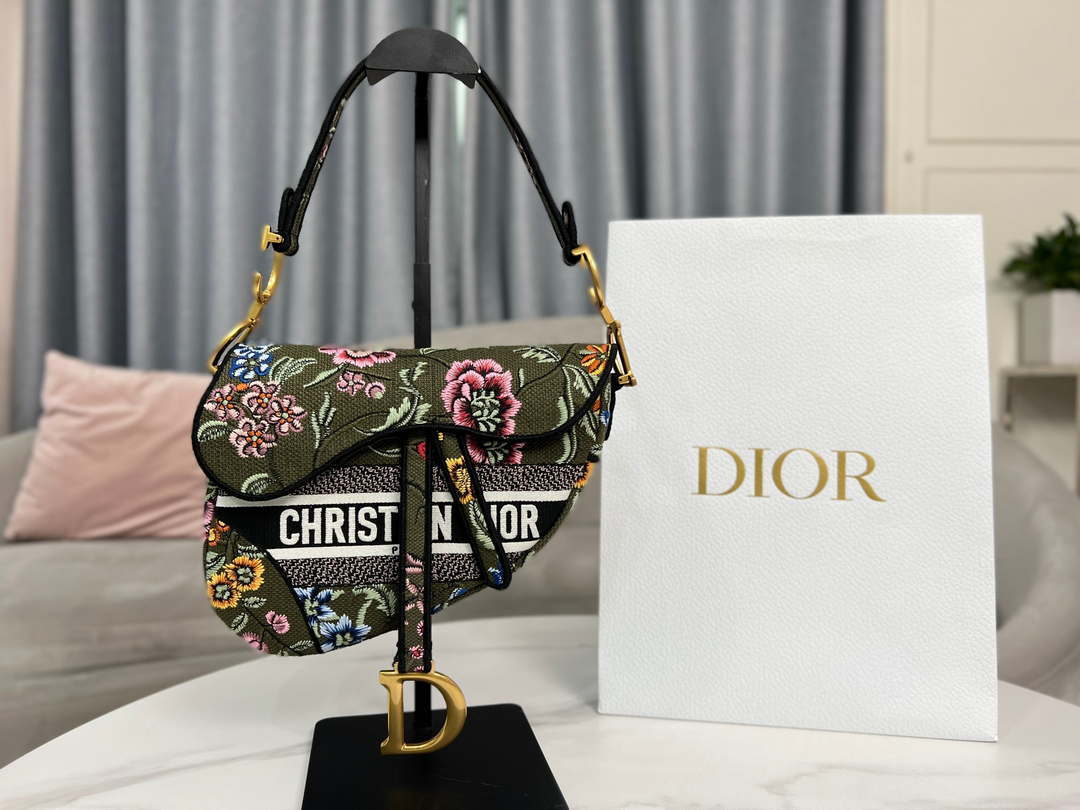 Dior M0455 Saddle Bag With Strap Green Cross-Stitch Embroidery - Default Title - View 1