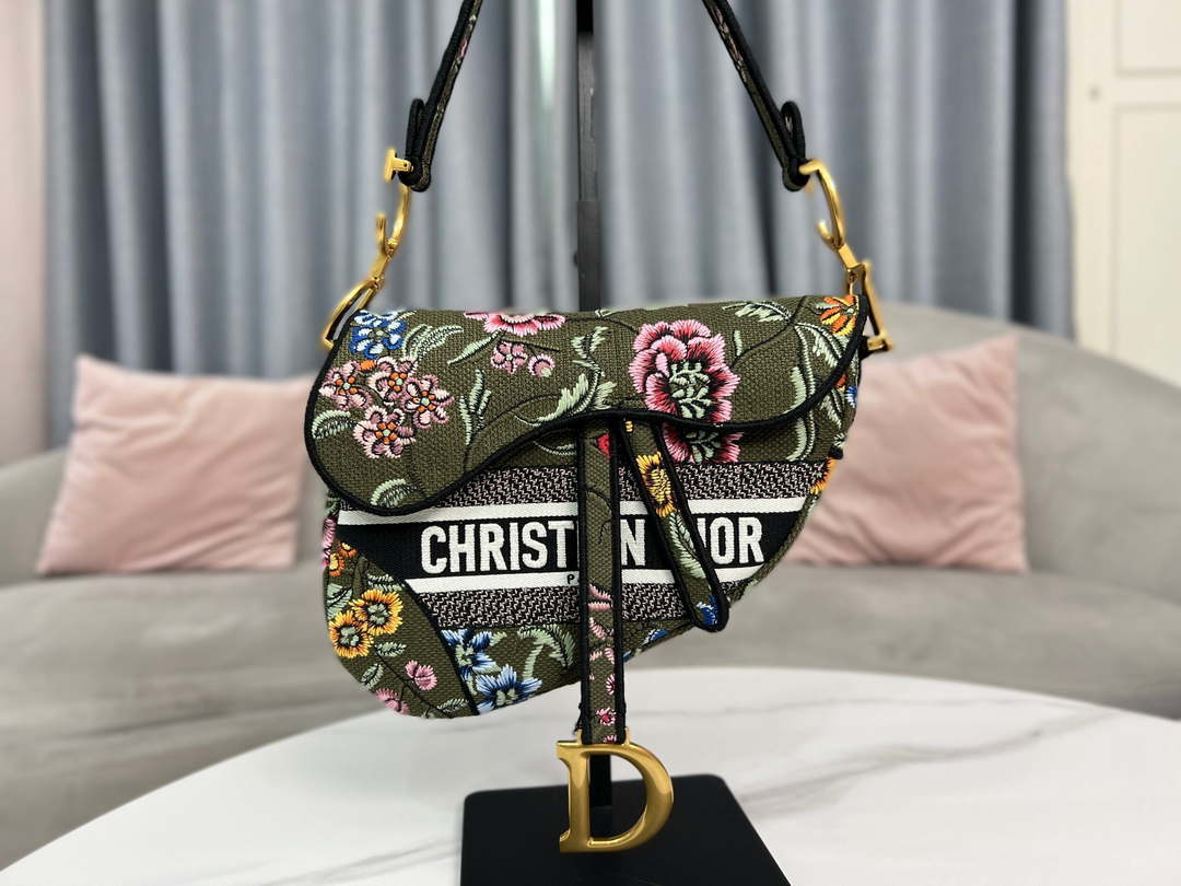 Dior M0455 Saddle Bag With Strap Green Cross-Stitch Embroidery