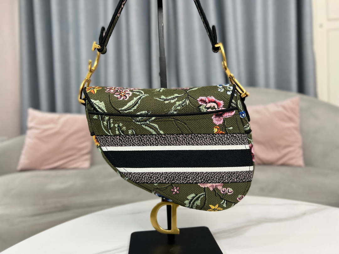 Dior M0455 Saddle Bag With Strap Green Cross-Stitch Embroidery