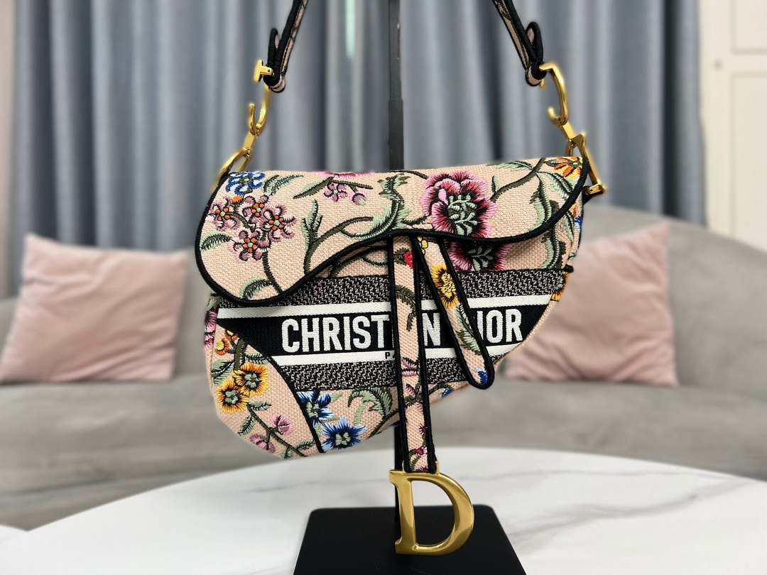 Dior M0455 Saddle Bag With Strap Pink Cross-Stitch Embroidery