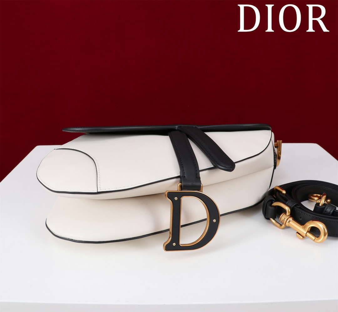 Dior M0455 Saddle Bag With Strap plain weave White and Black Calfskin M0456