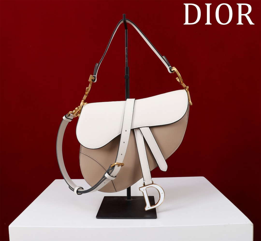 Dior M0455 Saddle Bag With Strap plain weave White and Nude Calfskin M0456