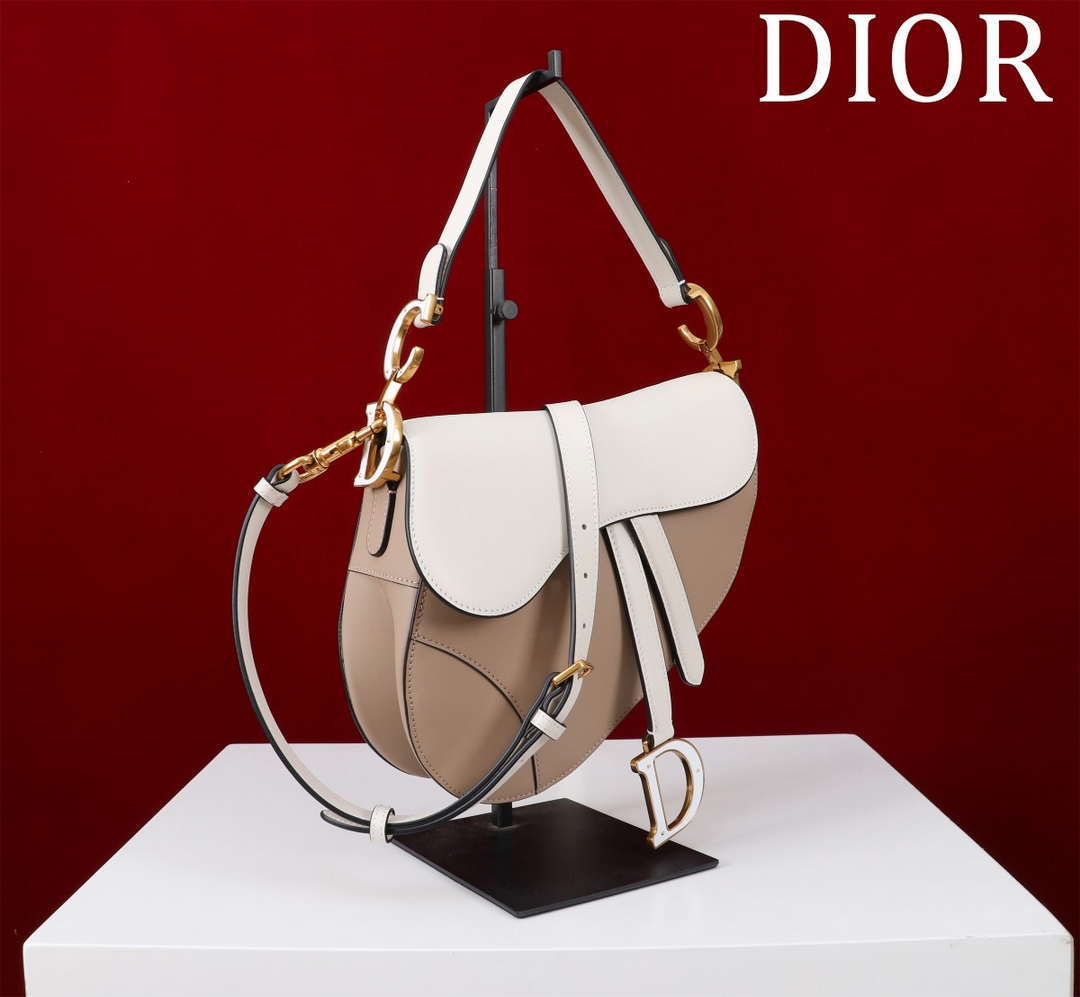 Dior M0455 Saddle Bag With Strap plain weave White and Nude Calfskin M0456